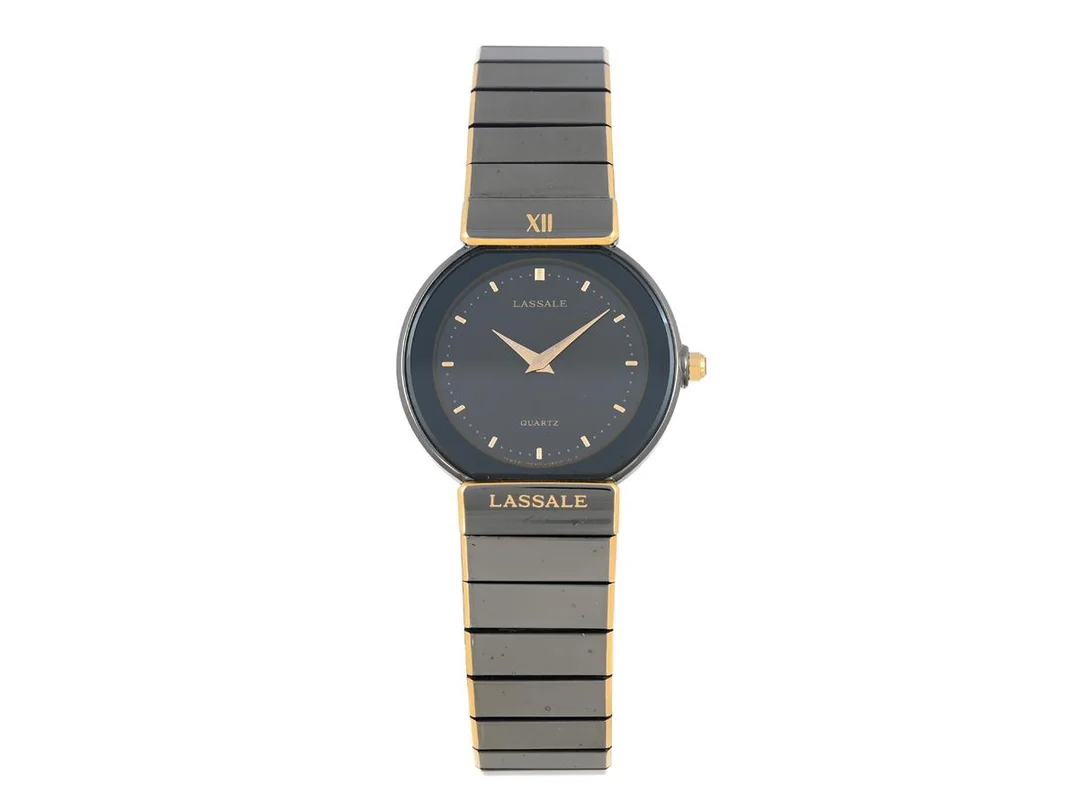 LASSALE, damur, 24 mm, Boett nr. 2F50-0289 / 1N0053, svart metall, quartz, safirglas, integrerad originallänk, längd 170 mm, ca 2000, box, ytterkartong. — Klockor/Lassale — Kaplans