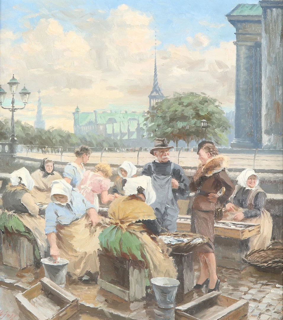 SØREN CHRISTIAN BJULF. Oljemålning på duk. Fiskmarknad, Köpenhamn, Börsen i bakgrunden. Signerad. — Paintings — Skånes Auktionsverk