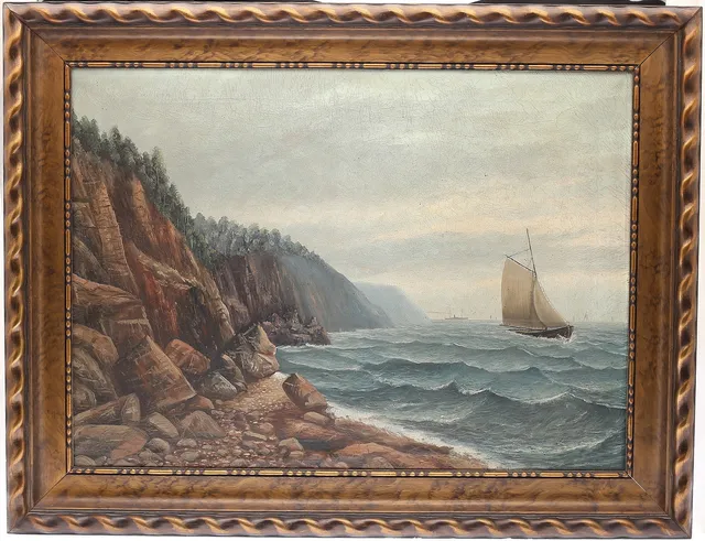 OKÄND KONSTNÄR. Landskap med segelbåt, olja på duk, osignerad, 1800/1900-tal.