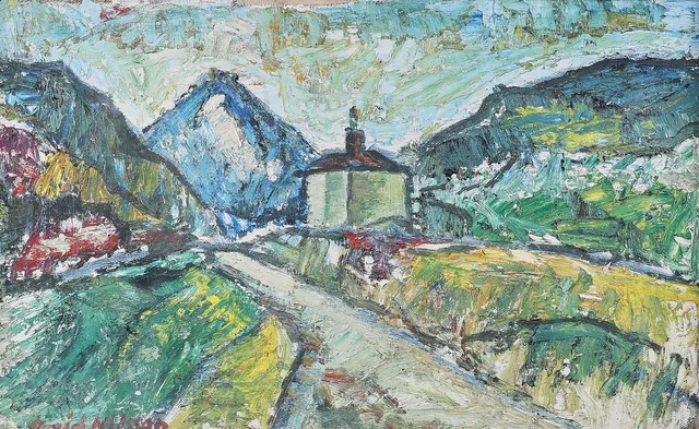 ARVID NILSSON. OLJEMÅLNING,Landskap med hus, signerad, duk.