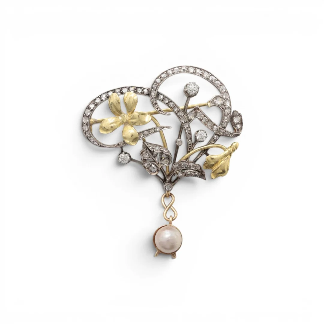 Modernist diamonds and pearl brooch, early 20th Century. — Brooches & Pendants — Balclis