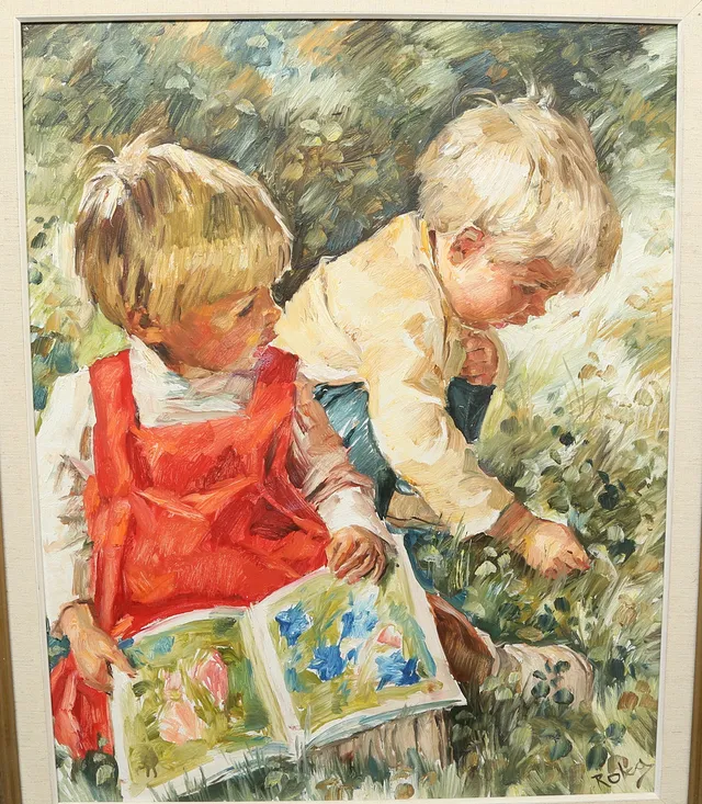 CHARLES ROKA. "Barn på blomsteräng", Olja på duk, barnporträtt, signerad.