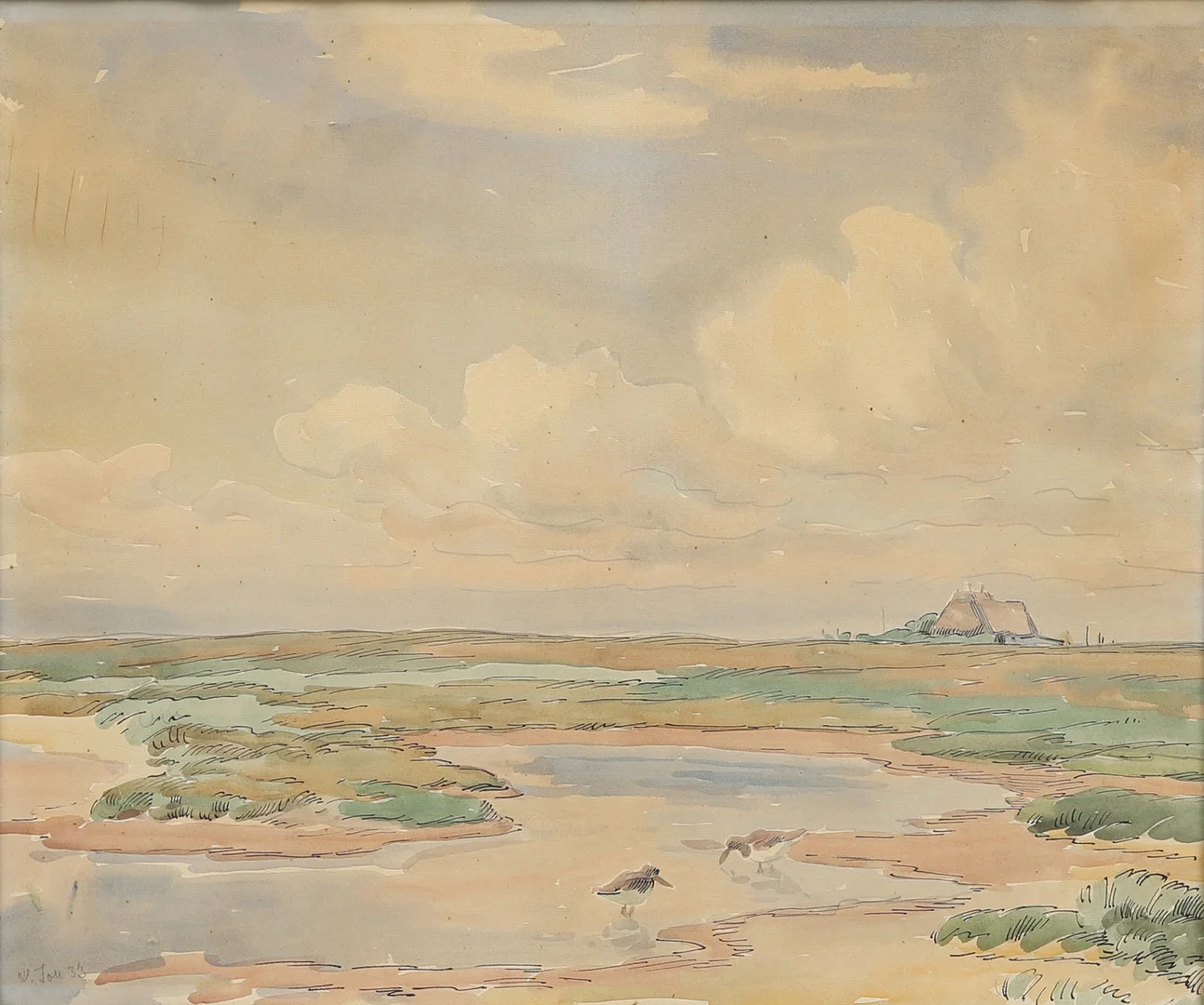 VIGGO JOHANSEN. Landskap med gård och fåglar, akvarell och tusch, signerad och daterad -33. — Paintings — Crafoord Auktioner Malmö