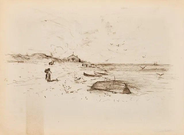 KARL NORDSTRÖM (Tjörn 1855-1923 Drottningholm). Kustlandskap med uppdragna båtar, Visby, signerad, tusch på papper.