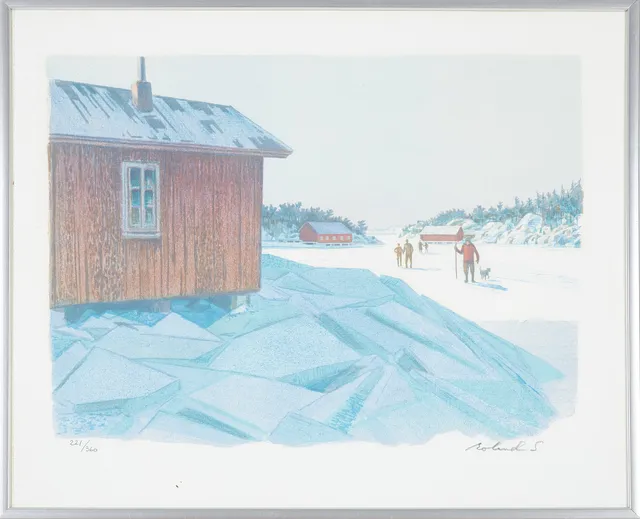 ROLAND SVENSSON (1910-2003). färglitografi, "Söndag på isen", motiv från St Tärnö och Drängsholmen, signerad och numrerad roland S. 221/360.