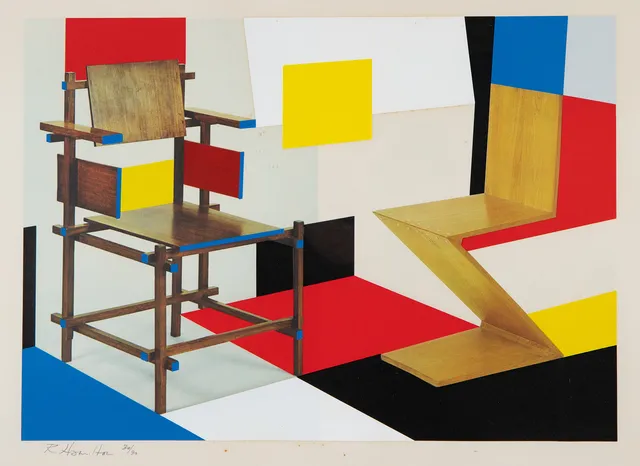 RICHARD HAMILTON. Collage mit Rietvelds Zigzag und Hogstoel Stuhl (100-9).