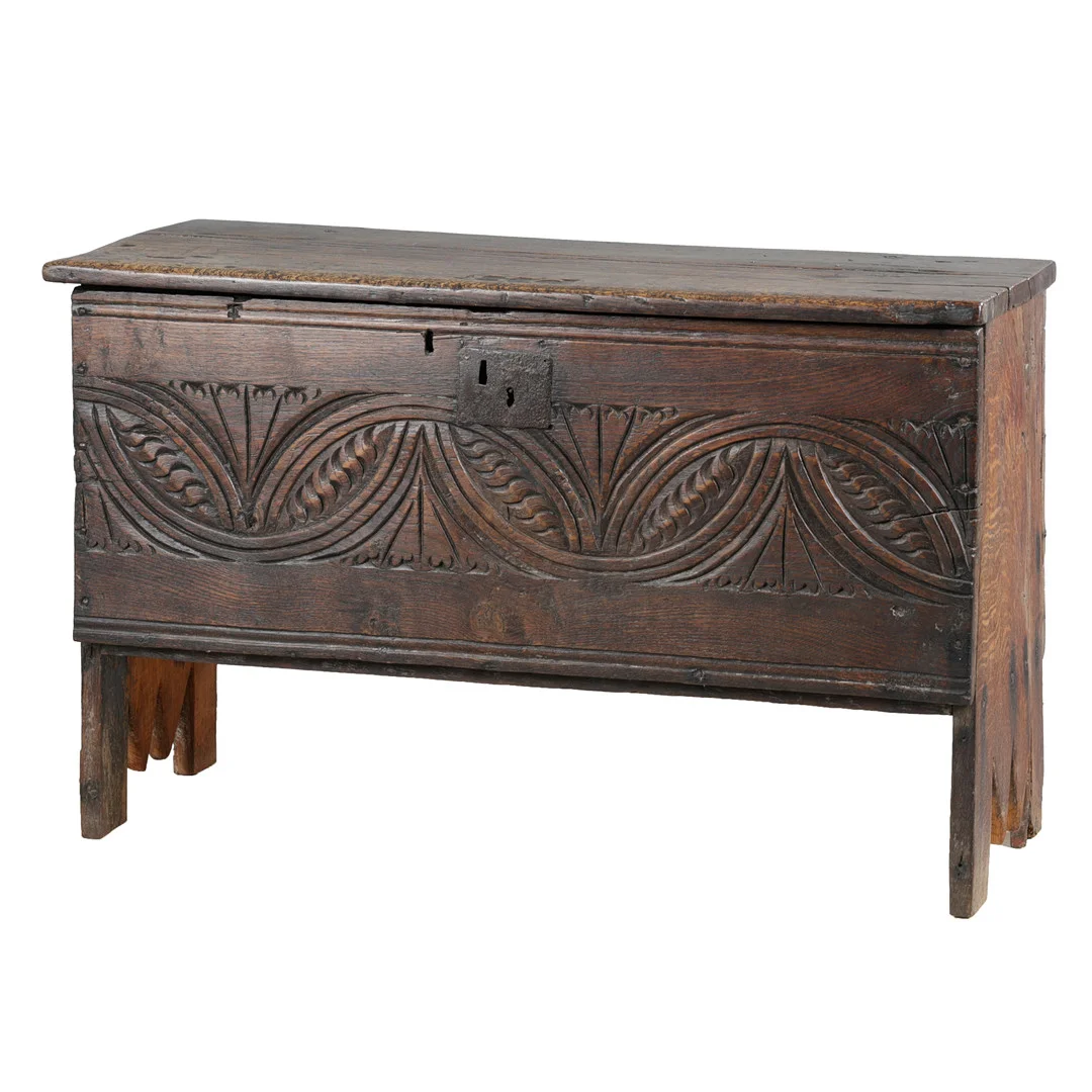 A 17TH CENTURY AND LATER OAK PLANK COFFER. — Other — Bishop & Miller
