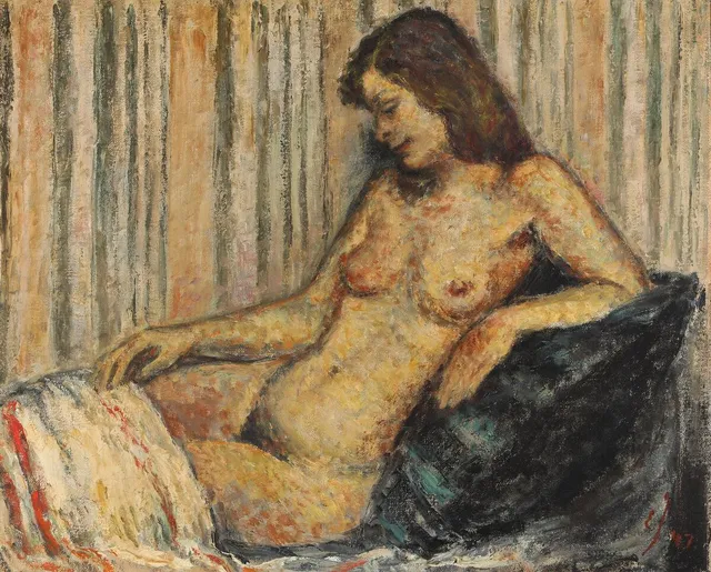 Naked female. Signed EJ 47. Oil on canvas. 73×89 cm.