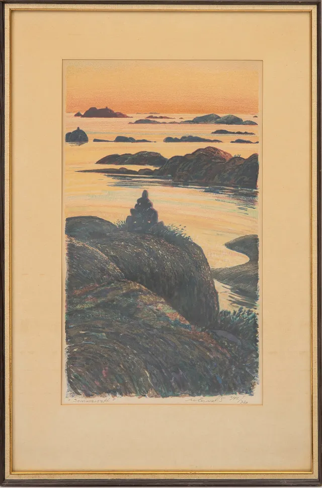 ROLAND SVENSSON. "Midsommarnatt"/"Vårkväll Stora Nassa", färglitografi, signerad och numrerad, Roland. S, 342/380, 1960-tal.