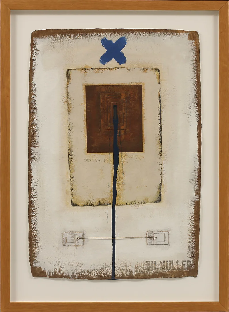 THOMAS MÜLLER. Komposition, blandteknik med collage på papper, signerad. — Engravings & Prints — Göteborgs Auktionsverk