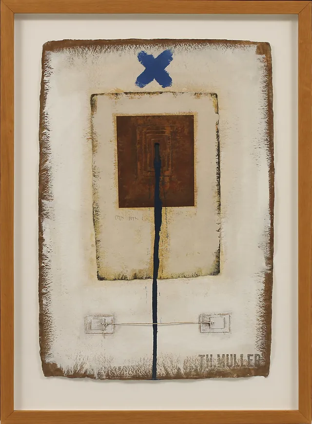THOMAS MÜLLER. Komposition, blandteknik med collage på papper, signerad.