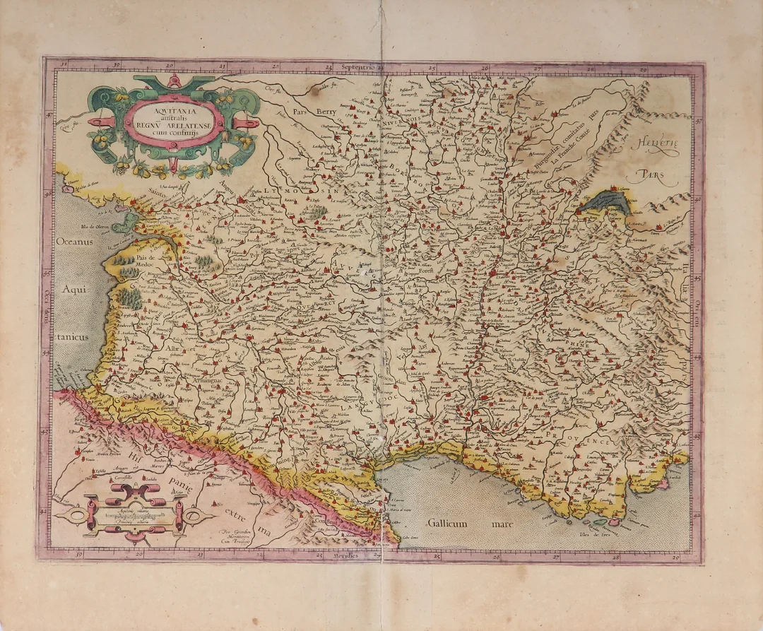 Gerhard Mercator. Map of Southern France, 'Aquitania australis regnu Arelatense cum confiniis', 1609 — Hobby and collectibles/Books, maps, magazines — Lauritz