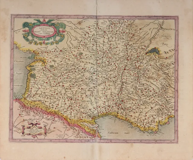 Gerhard Mercator. Map of Southern France, 'Aquitania australis regnu Arelatense cum confiniis', 1609