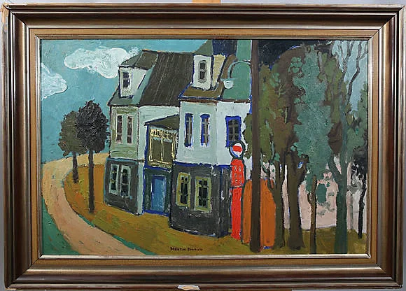 MARTIN EMOND. Olja på pannå, Hus vid vägkant, signerad. — Paintings — Limhamns Auktionsbyrå