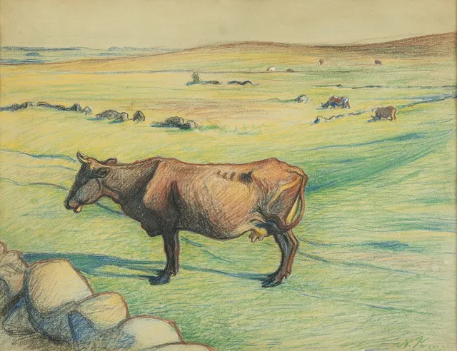 NILS KREUGER. Landskap med kor, pastell, signerad och daterad 1898.