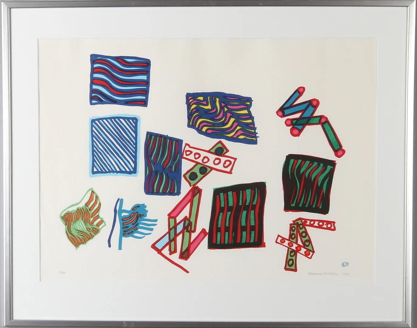 LENNART RODHE. Komposition, färglitografi, signerad, daterad 1971 samt numrerad 6/75. — Engravings & Prints — Auktionshuset Kolonn