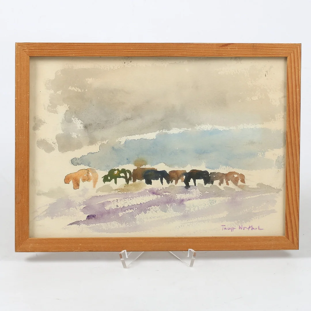 THAGE NORDHOLM. "Hästar i snö", akvarell på papper, signerad och daterad 1973 a tergo. — Paintings — Stadsauktion Sundsvall