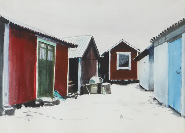 HÅKAN NYBERG. Fiskebodar, blandteknik, monogramsignerad.