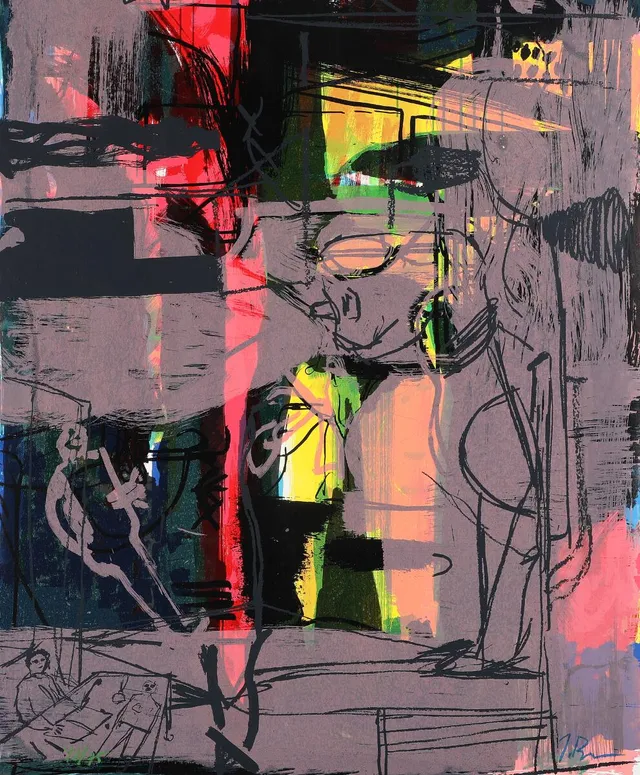 Untitled. Signed J. Birkemose, 42/75. Serigraph in colours, laid on canvas. 120 × 100 cm.