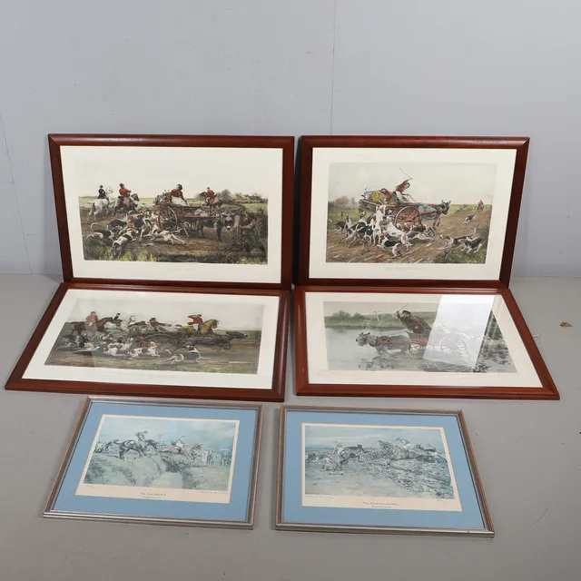FOUR FRAMED PRINTS AFTER ALFRED WILLIAM STRUTT (1856-1924) AND A PAIR OF PRINTS BY GILBERT JOSEPH HOLIDAY (1879-1937).