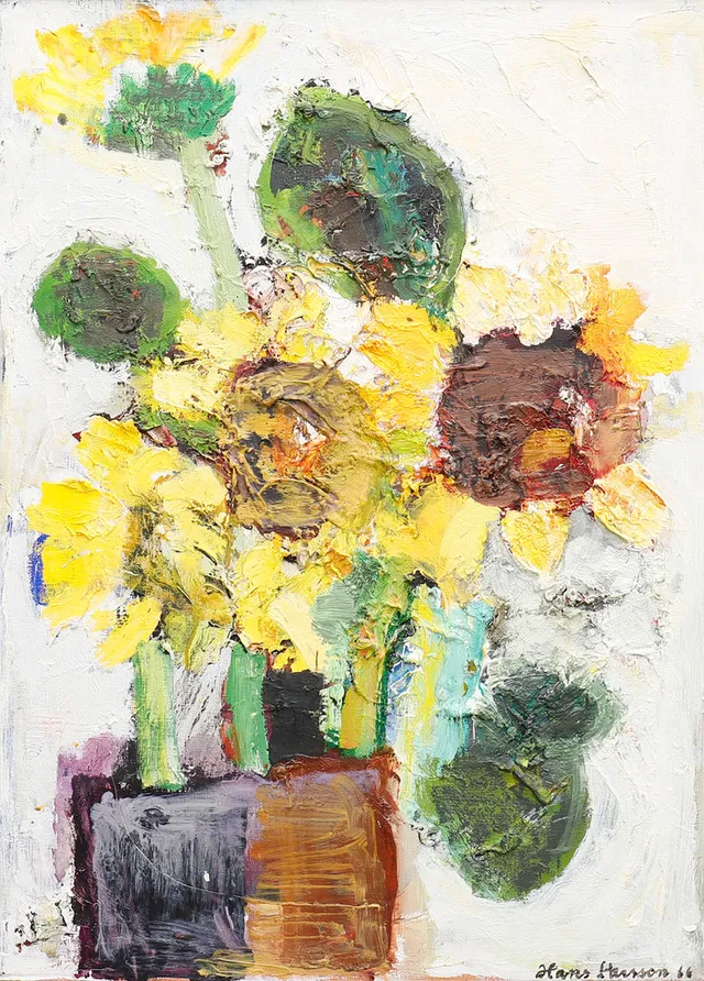 HANS LARSSON. STILLEBEN MED SOLROSOR.