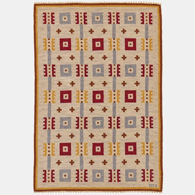 ANNA GRETA SJÖQVIST. Mata, rölakan, 243 x 164 cm, Sverige 1950-tal, geometrisk dekor mot grå botten.