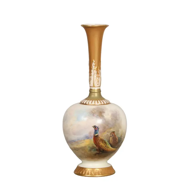 A ROYAL WORCESTER SMALL BOTTLE VASE, PAINTED WITH A PHEASANT AND HEN SIGNED JAMES STINTON.