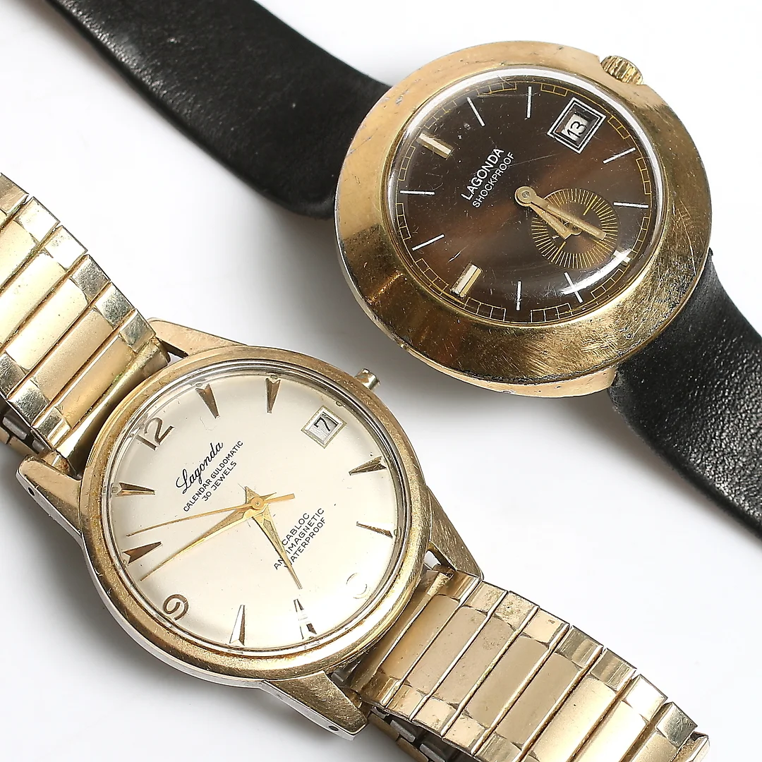 ARMBANDSUR, 2 st. bl.a. guld på stål, "Calendar Goldomatic", Lagonada. 1960-tal. — Wristwatches — Stadsauktion Sundsvall