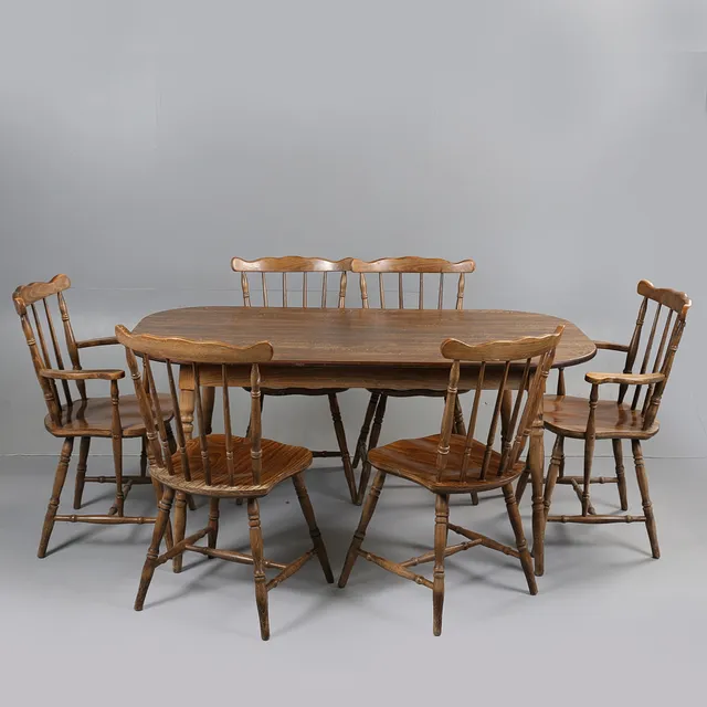 DINETTE. A 1960'S DINING TABLE AND SIX CHAIRS (7).