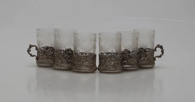 GLASHÅLLARE, 6 st, silver med glas, 1900-tal.