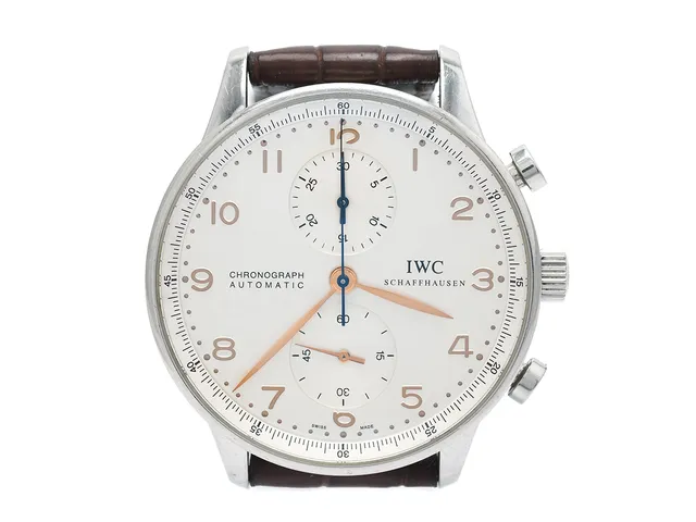 IWC, Schaffhausen, Portuguese, Cal 79350, Serie nr. 2699867, Ref nr. 371401, Boett nr. 3107154, kronograf, herrur, 40,9 mm, stål, automatisk, safirglas (nagg), skadad urtavla, läderband, originalspänne, cert, maj 2006, box.