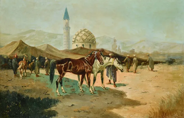 Ubekendt kunstner. Arabisk motiv med heste