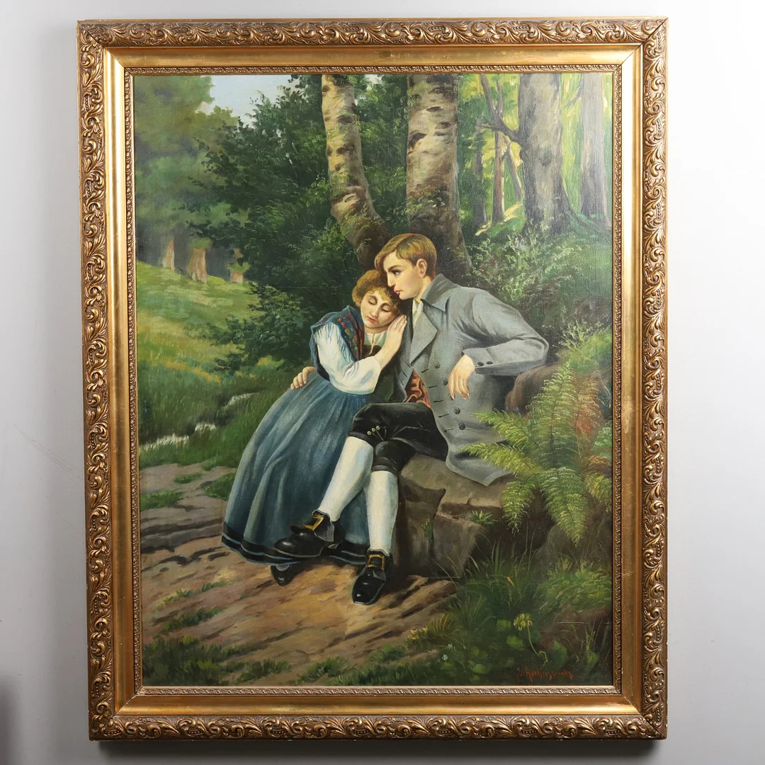 ERNST ASCHENBACH. OLJA PÅ DUK "Par vid skogsglänta", signerad. — Paintings — Örebro Stadsauktioner