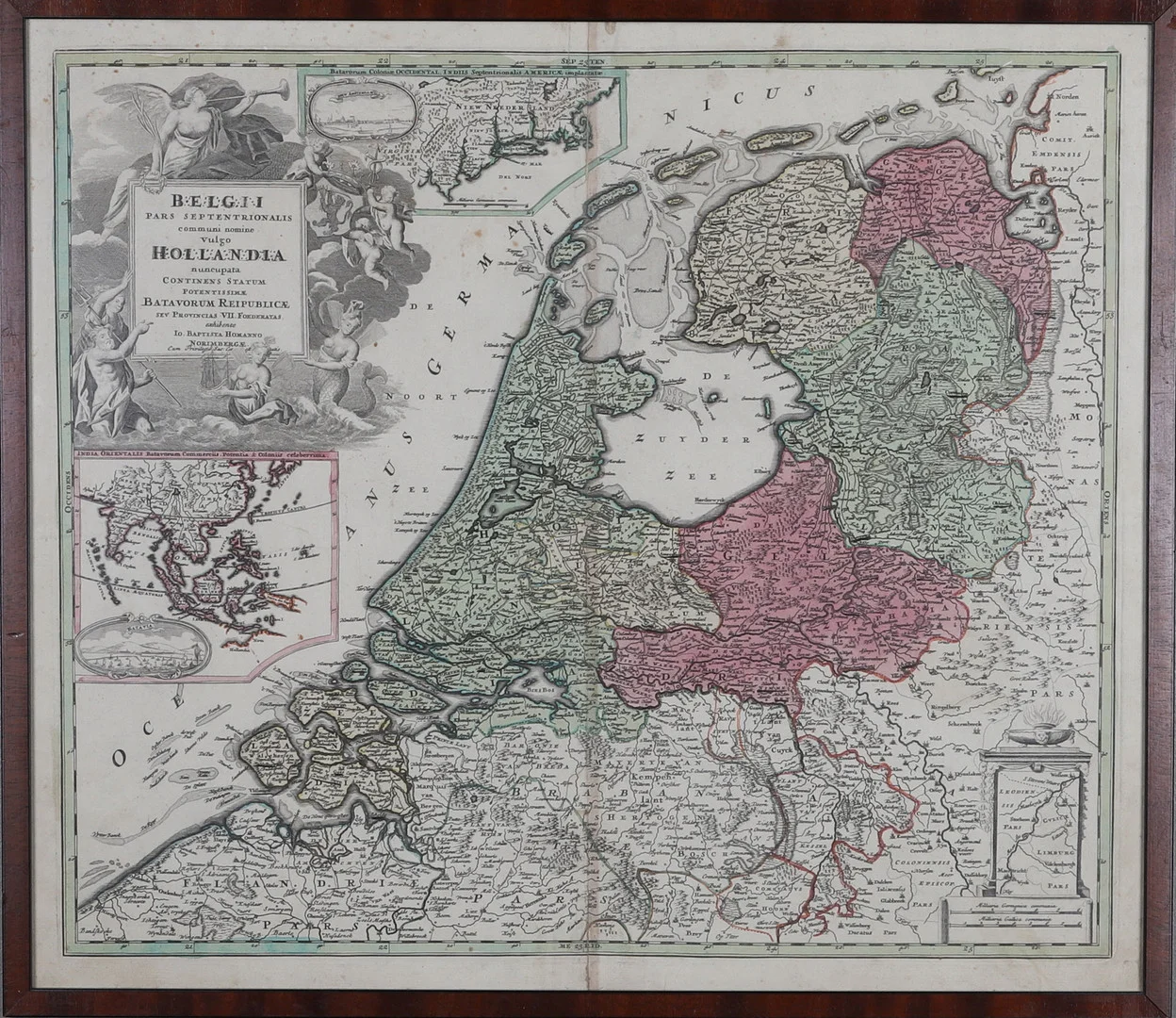 JOHANN BAPTIST HOMANN. Karta, handkolorerat kopparstick, Karta över Belgien och Holland med kolonier, Utgiven i Nürnberg, 1700-tal. — Autographs & Manuscripts — Gomér & Andersson Norrköping