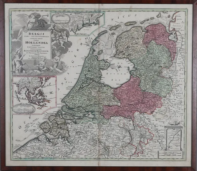 JOHANN BAPTIST HOMANN. Karta, handkolorerat kopparstick, Karta över Belgien och Holland med kolonier, Utgiven i Nürnberg, 1700-tal.