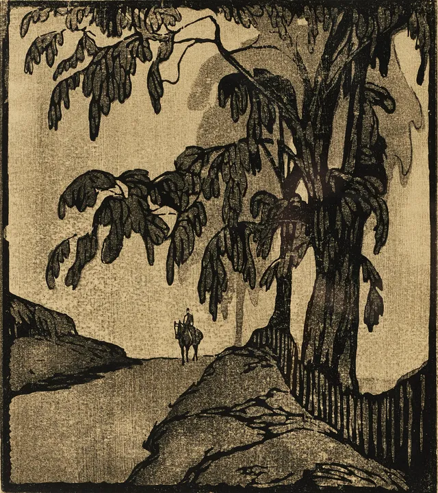 ELVI TONDÉN (1886-1971). Ryttare vid väg, signerad Elvi Tondén, träsnitt.