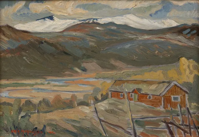 ERIK MAGNUSSON (1900-1972). Fjällandskap med gård, olja påp pannå, signerad.