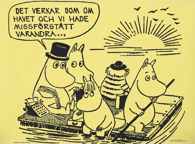 TOVE JANSSON. EFTER. Affisch Muminmotiv nr 6, Art Work Shop, tryckt hos Bulls Presstjänst Stockholm, 1960-tal.