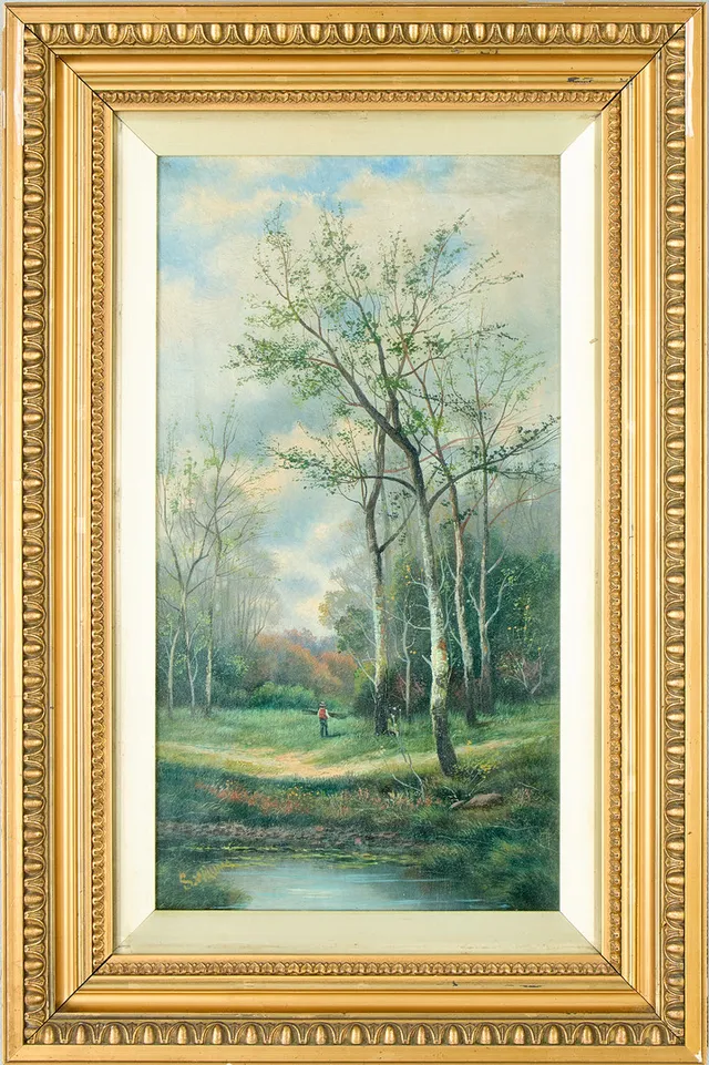 S. WILLIAM. Vårlandskap med vandrande figur, 18/1900-tal.