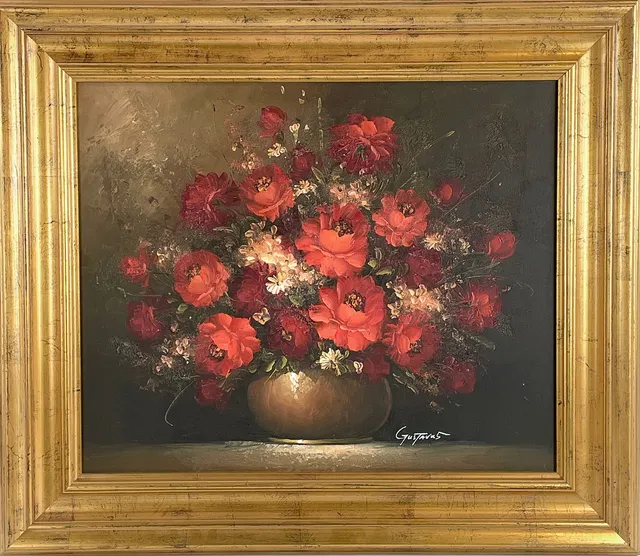 OIDENTIFIERAD KONSTNÄR, olja på duk, stilleben av blommor i rött, signerad Gustavus.