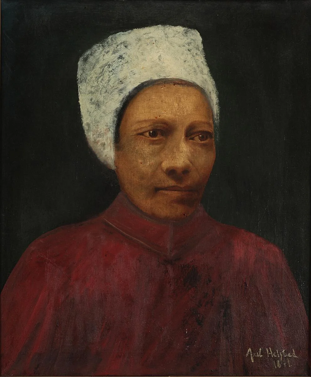 Axel Helsted: Portrait of a woman wearing a red red dress and a white head piece. Signed Axel Helsted 1871. Oil on canvas. 60×50 cm. — Paintings — Bruun Rasmussen