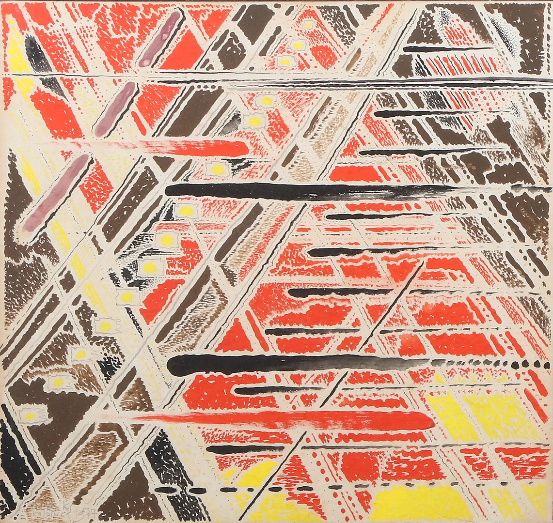 KJELD JENSEN. Blandteknik. Komposition. Signerad och daterad KJ Kolding 1977. — Paintings — Skånes Auktionsverk