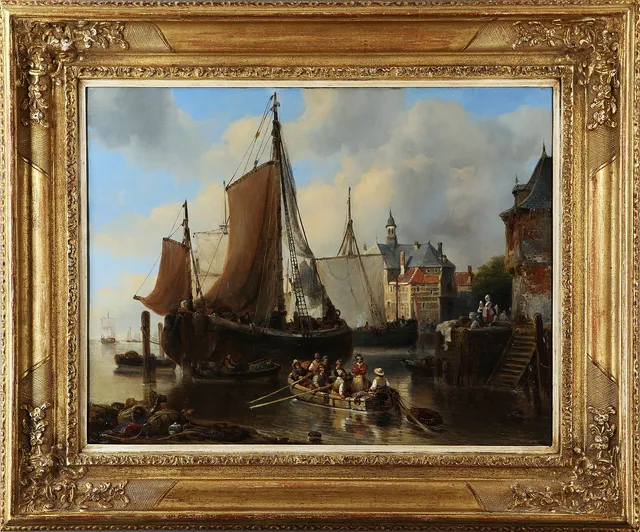 OIDENTIFIERAD KONSTNÄR, Hamnmotiv, olja på pannå, signerad, Nederländerna, 1800-tal.