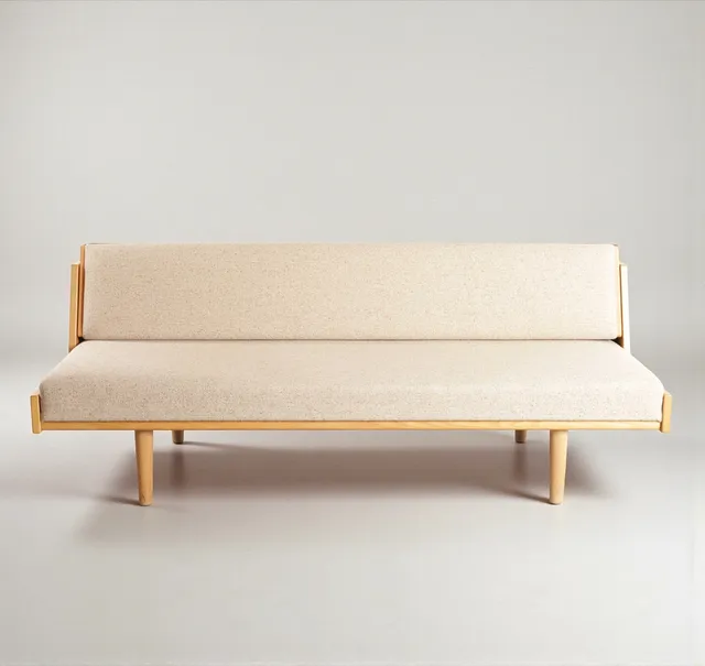 HANS J WEGNER. Sofa / daybed med stel af eg med opklappeligt ryglæn, betrukket med originalt uld. Formgivet i 1954. Fremstillet hos Getama, model 'GE-258'.