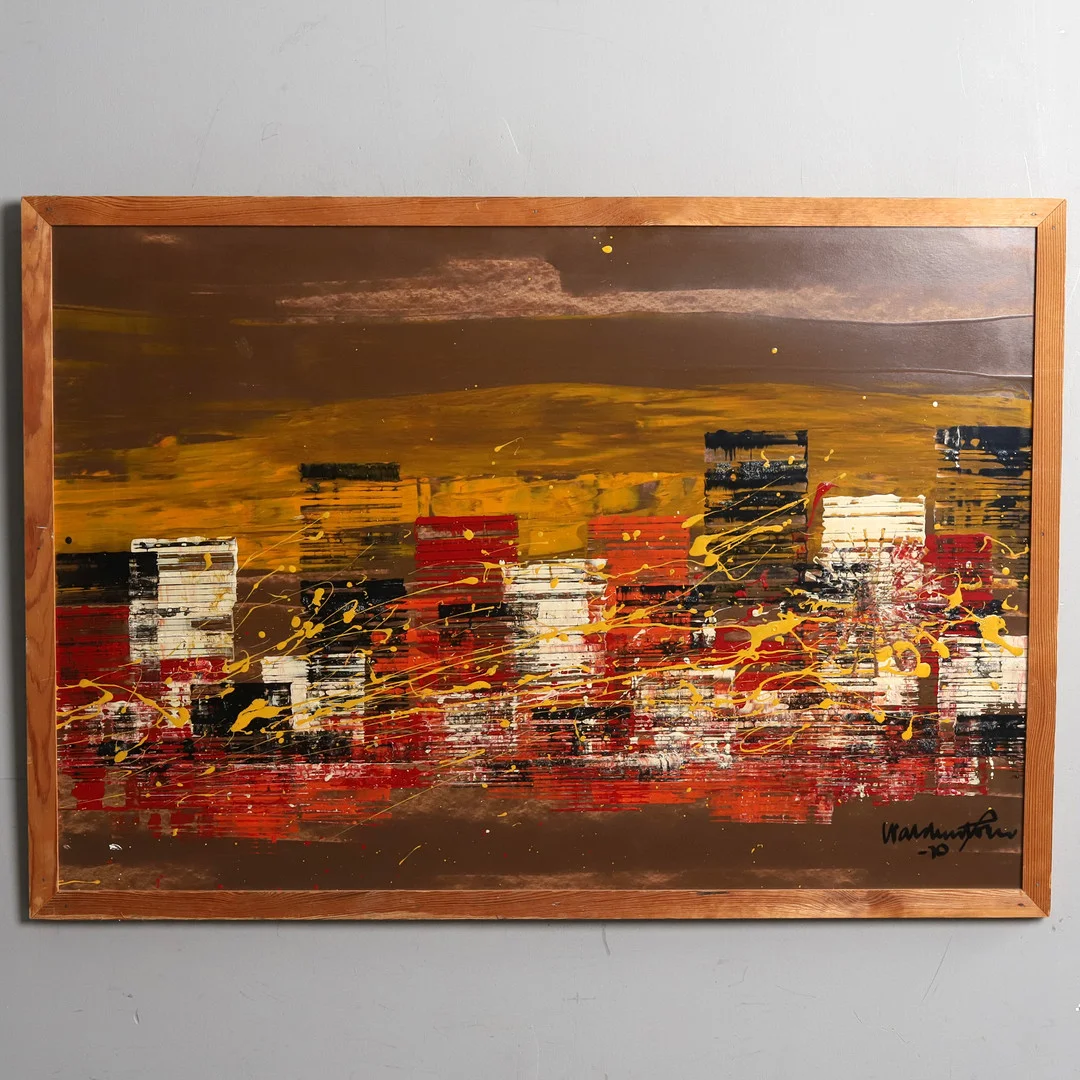 OIDENTIFIERAD KONSTNÄR. Olja på pannå, abstrakt komposition, signerad. — Paintings — Örebro Stadsauktioner