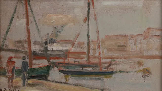 ERIK JEAN. Hamnmotiv, olja på pannå, signerad E. Jean.