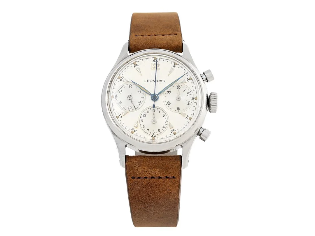 LEONIDAS, kronograf, Cal Valjoux 72, Boett nr. 1198/206340, herrur, 35 mm, stål, manuell, plexiglas, läderband, ca 1960. — Klockor/Övriga klockor — Kaplans