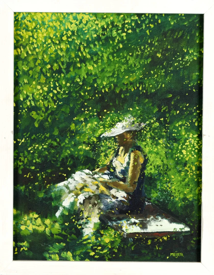STURE MEIJER. Olja på pannå, Kvinna i trädgård, Signerad. — Paintings — Norrlands Auktionsverk