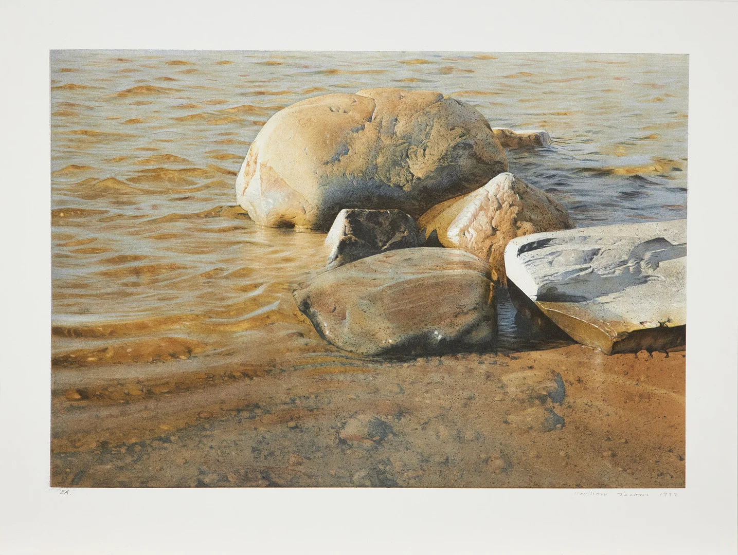 STANISLAW ZOLADZ. Strandbild med stenar, färglitografi, signerad och daterad 1992, EA-upplaga. — Engravings & Prints — Stockholms Auktionsverk Sickla