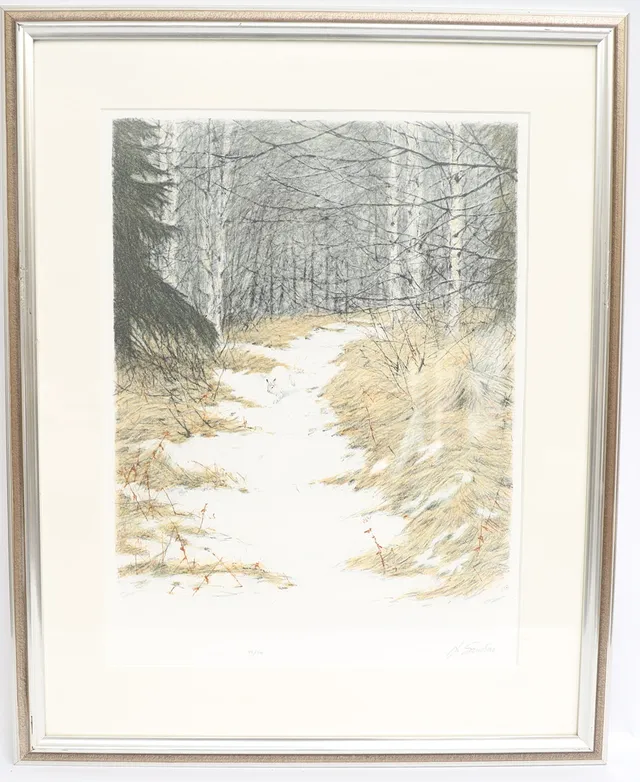 LENNART SAND. Skogsbild med hare, färglitografi, signerad och numrerad, daterad 94.